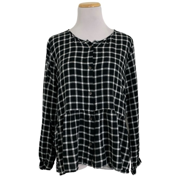 Rails Tops - Rails Plaid Ruffle Hem Button Front Top Black & White Women’s Large Long Sleeve
